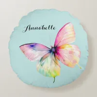 Delicate Pink Butterfly in Pastel Rainbow Colors Round Pillow