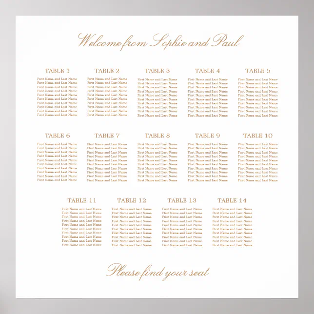 White Golden Beige 14 Table Wedding Seating Chart