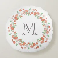 coral roses wreath monogram round pillow