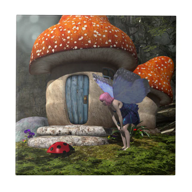 Cute Pink-Haired Fairy Meets Ladybug Ceramic Tile