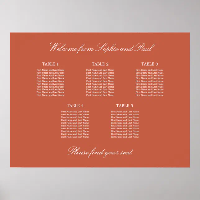 Terracotta 5 Table Wedding Seating Chart Poster