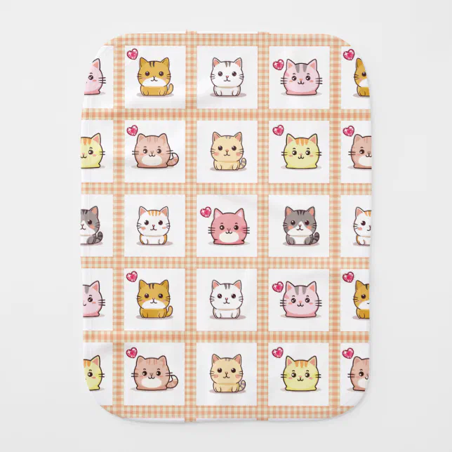 Assorted Kittens Vintage Salmon Gingham Baby Burp Cloth