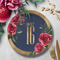 Gold Foil Floral Sweet Sixteen Navy Blue ID757 Paper Plates