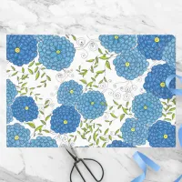 Ornate Hand-Drawn Blue Flowers and Green Leaves Tissue Paper