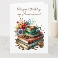 Large Vintage Books, Flowers and Coffee Birthday Card