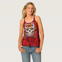 Sugar Skull Pink Red Roses Holidays All Over Print Tank Top