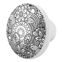 Bold Black and White Graphic Design Floral Ceramic Knob