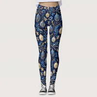 Blue and Gold Ornamental Christmas Designs Leggings