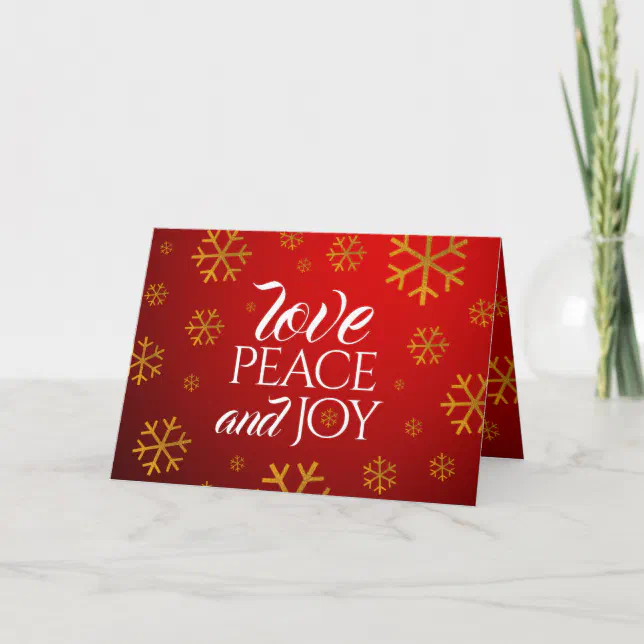 Festive Red Love, Peace, and Joy with Snowflakes Holiday Card