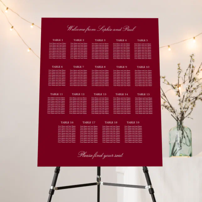 Burgundy 19 Table Wedding Seating Chart Foam Board