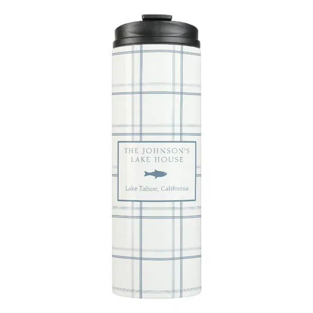 Classic Customizable Plaid Lake House Blue Fish Thermal Tumbler