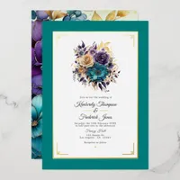 Teal, Purple, and Gold Floral Wedding Foil Invitation