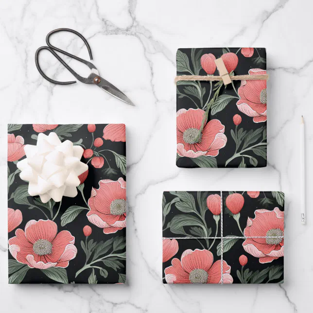 Floral Pattern Green Oak Leaves and Pink Flowers  Wrapping Paper Sheets
