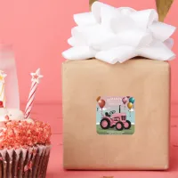 Cute Pink Tractor Birthday Card  Square Sticker