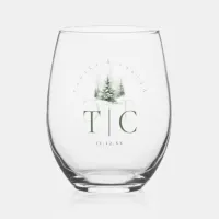 Rustic Winter Wedding Initials Forest Green ID1049 Stemless Wine Glass