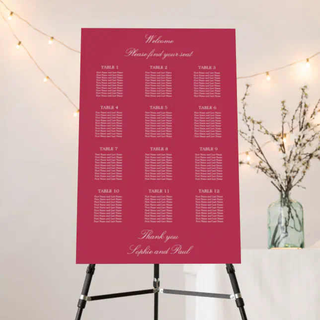 Cherry Magenta 12 Table Wedding Seating Chart Foam Board