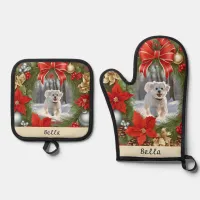 Christmas Dog Photo Name Pet Owner Festive Kitchen Oven Mitt & Pot Holder Set