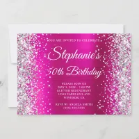 Silver Glitter Hot Pink Monogram 50th Birthday Invitation