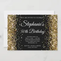 Gold Glitter Black Monogram 50th Birthday Invitation