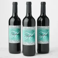 Silver Glitter Turquoise Foil Fancy Monogram Wine Label