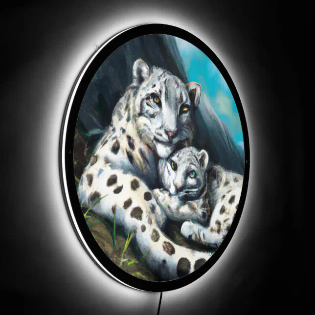Mother Snow Leopard and Cub in the Mountains LED Sign