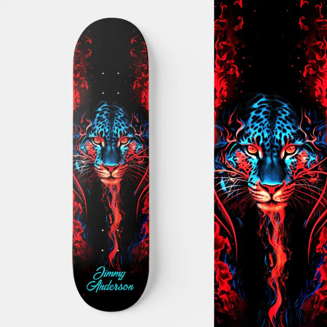 Fiery Glowing Tiger Blue & Red Cool Style Skateboard