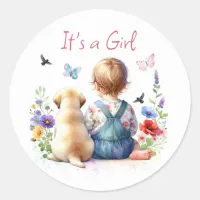 Baby Girl and her Puppy | It's a Girl Watercolor Classic Round Sticker