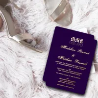 Monogram Elegant Dark Purple  and Gold Wedding  Foil Invitation