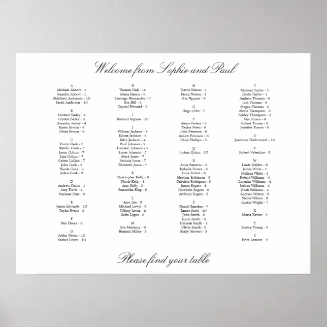 Elegant Alphabetical Wedding Seating Chart