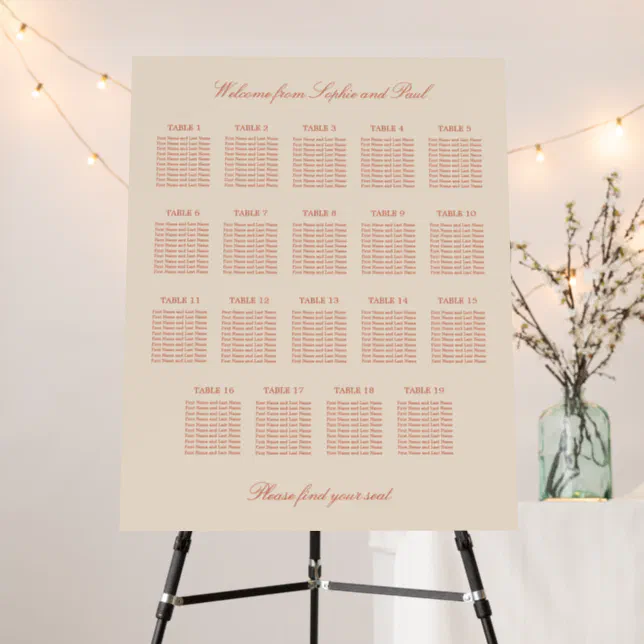 Terracotta Script 19 Table Wedding Seating Chart Foam Board