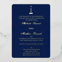 Elegant Nautical Wedding Lighthouse - Navy Blue,  Foil Invitation