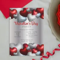 Elegant Red Silver Hearts Valentine's Day Party Invitation