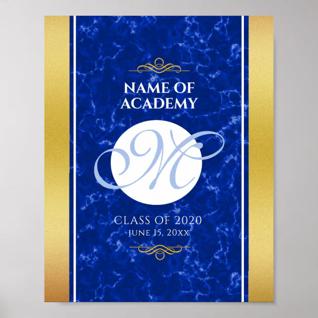 Elegant Graduation Monogram Blue Marble Gold Foil Poster