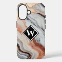 Elegant Rose Gold Black Marble Monogram iPhone 16 Case