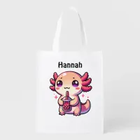 Cute Kawaii Axolotl with Bubble Tea Personalized Grocery Bag