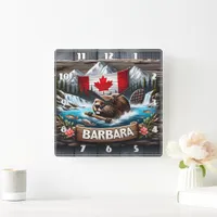 Canadian Beaver Swimming Near Mountain Stream Square Wall Clock