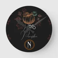 Fall Autumn Leaves Festive Monogram Hello Pumpkin Round Clock
