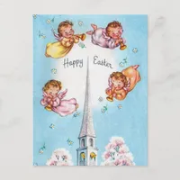 Retro Angels and Church Happy Easter Postcard