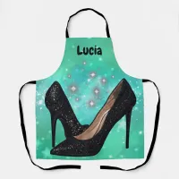 Black Glitter High Heel Shoe on Green | Apron