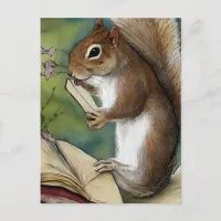 Watercolor Squirrel Reading a Book Postcard