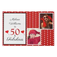 50 and Fabulous Name 2 Photos 50th Birthday WH Red Faux Canvas Print
