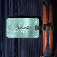 Glittery Pale Turquoise Foil Fancy Monogram Luggage Tag