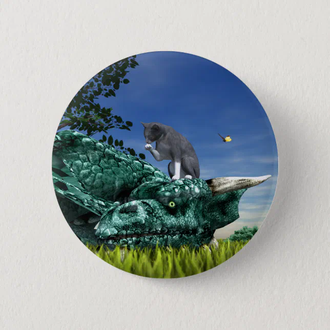 Surprise Visitor - Cute Cat on Dragon’s Head Pinback Button