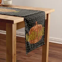 Hello Fall Glitter Pumpkin + Metallic Gold & Black Short Table Runner