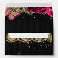 Pink Roses Butterfly Black Gold Lace  Envelope