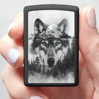 Majestic wolf gazing under a luminous full moon zippo lighter