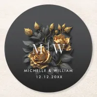 Black Gold Roses Gothic Monogram Wedding  Round Paper Coaster