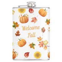 Watercolor Fall Leaves and Pumpkins Flask