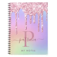 Holographic Pink Glitter Drips Elegant Monogram Notebook