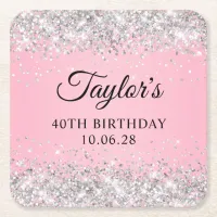 Silver Glitter Pink 40th Birthday Square Paper Coaster